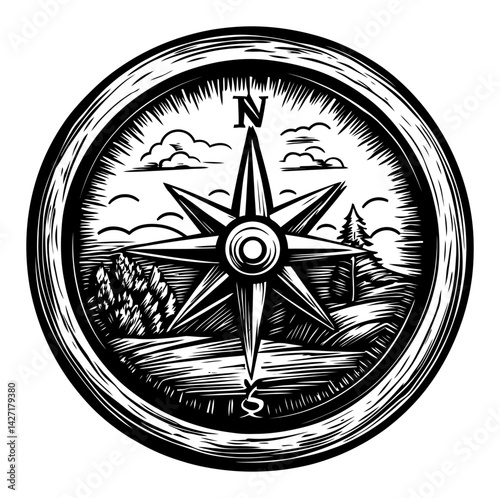 Intricate Engraving of Vintage Compass with Scenic Landscape Design