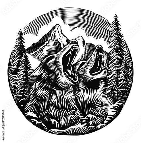 Stunning Engraving of Howling Wolves in a Mountain Landscape
