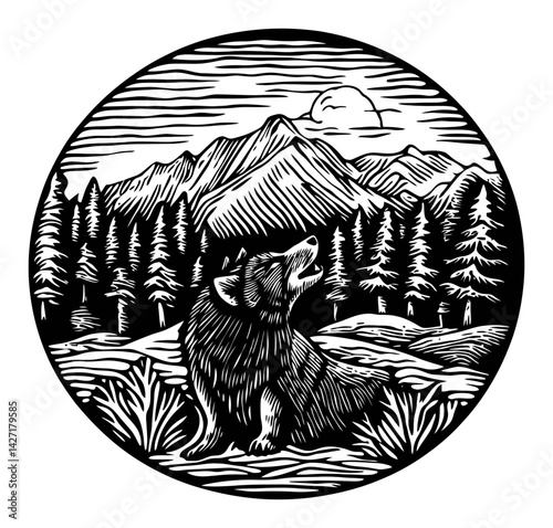 Detailed Black and White Engraving of a Howling Wolf in Nature