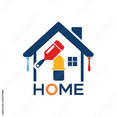 Colorful home logo design featuring a paint roller and vibrant geometric patterns for renovation and decor services