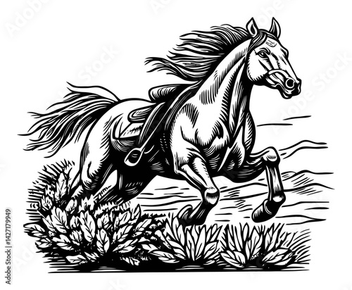 Engraved Illustration of a Galloping Horse in Nature Setting