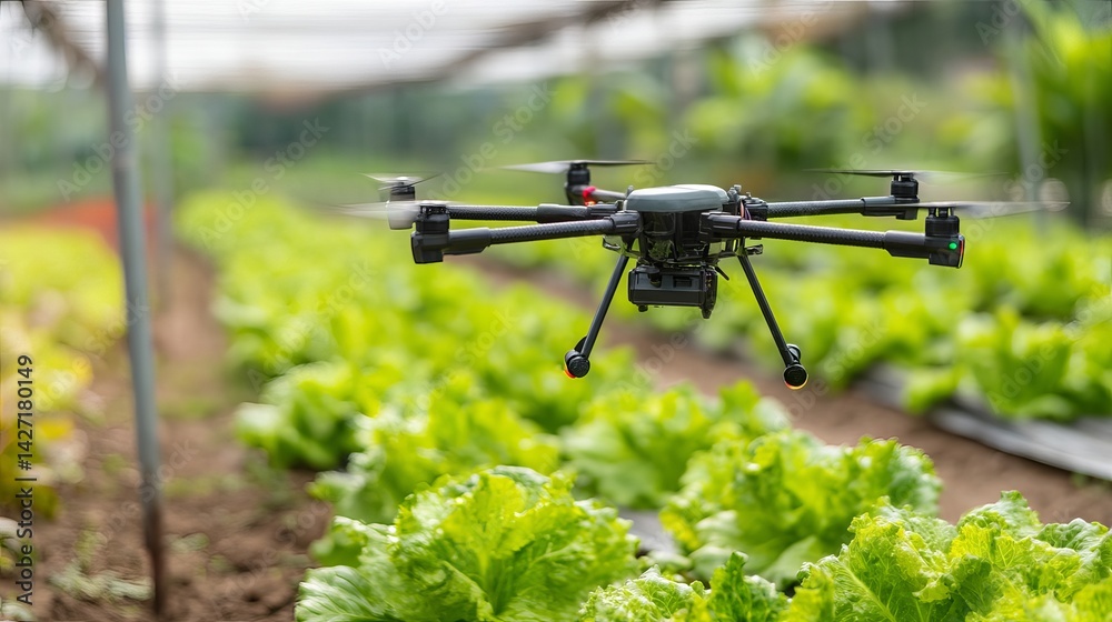 Quadcopter flies above lettuce crops Precision agriculture monitors health and growth Smart farm technology Quadcopter flies above lettuce crops Precision agriculture monitors health and growth Smart farm technology