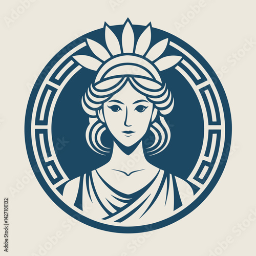Unique female character logo featuring elegant design with circular pattern and intricate details representing strength and wisdom in a modern style