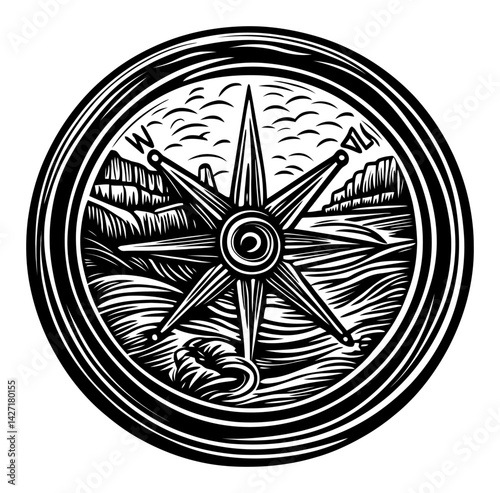 Vintage Engraving of Compass with Landscape Background Artwork