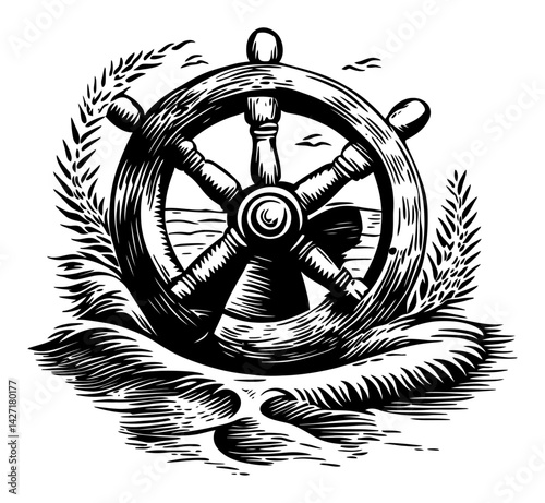 Vintage Ship Wheel Engraving Illustration with Nautical Elements