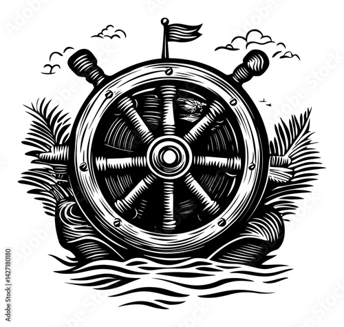 Vintage Nautical Ship Wheel Engraving with Nature Elements