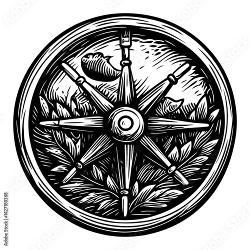 Vintage Engraving of a Nautical Compass Surrounded by Nature Elements
