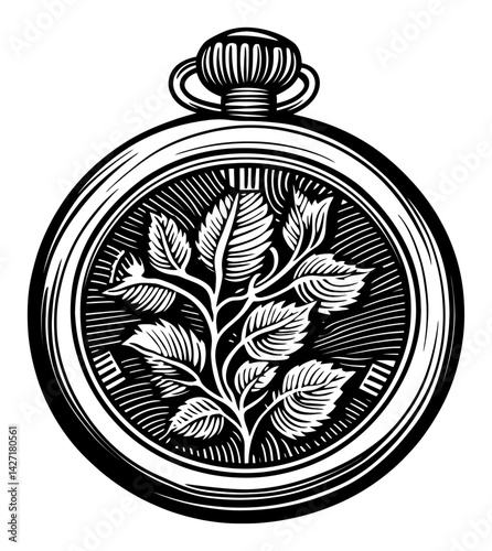 Vintage Engraving of a Pocket Watch with Leaf Design Detail