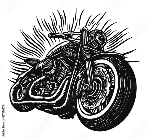 Engraved motorcycle illustration with detailed artistic features