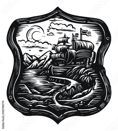 Engraved Landscape with Ship and Mountains in Black and White Style