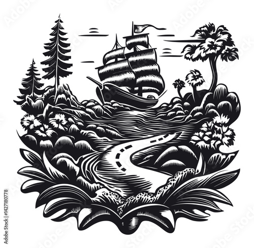 Detailed Black and White Engraving of a Ship in Landscape Scene