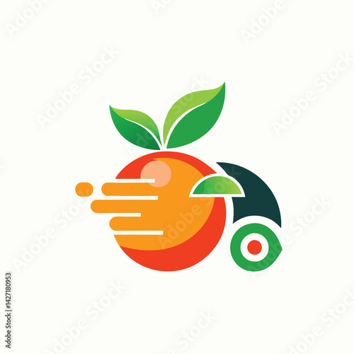 Fast delivery service logo depicting an orange in motion near a delivery truck featuring vibrant colors and a modern design suitable for food logistics branding