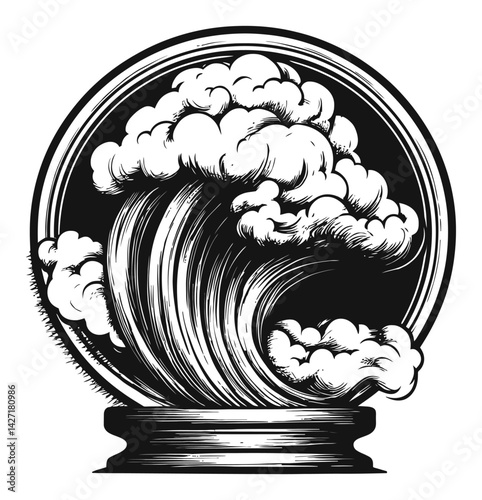 Vintage Engraving of Dramatic Ocean Wave with Clouds Illustration