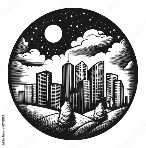 Urban Skyline Engraving in Black and White with Moon and Stars