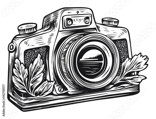 Vintage Camera Engraving with Leaves in Black and White Design
