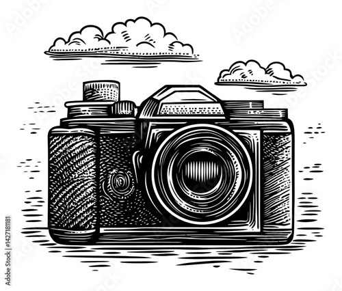 Vintage Engraving of Classic Camera Illustration in Black and White