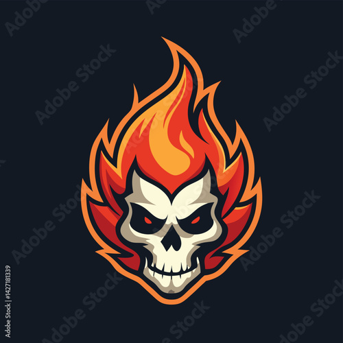 Flaming skull logo design featuring a stylized skull with vibrant flames in hues of orange and red, suitable for gaming and sports branding