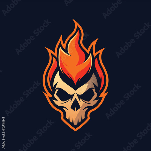 Flaming skull logo design featuring a stylized skull with vibrant flames in hues of orange and red, suitable for gaming and sports branding
