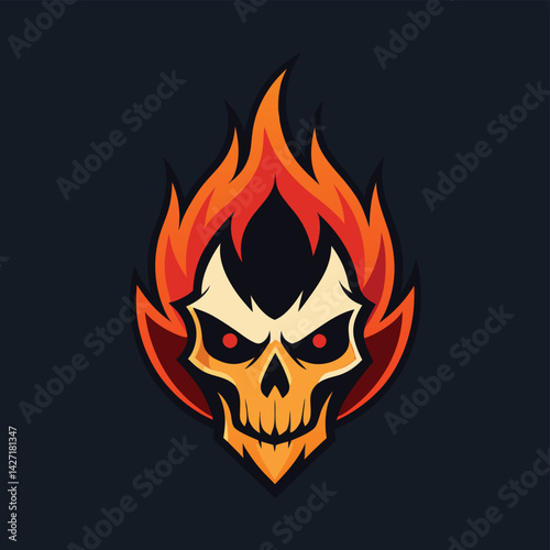 Flaming skull logo design featuring a stylized skull with vibrant flames in hues of orange and red, suitable for gaming and sports branding