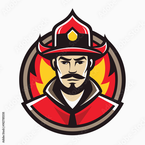 Firefighter logo featuring a helmet and flames in a striking vector design suitable for safety and emergency service branding