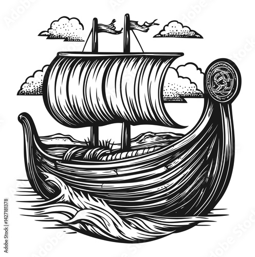 Viking Ship Engraving with Sailing Sails and Decorative Elements