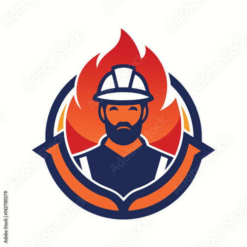 Firefighter logo featuring a helmet and flames in a striking vector design suitable for safety and emergency service branding