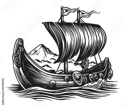Detailed Engraving of a Viking Ship on the Water with Mountains