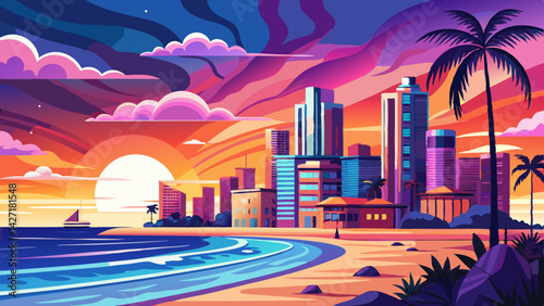 Very beautiful Miami Surfside Beach Skyline: Stunning Coastal Cityscape at Sunset
