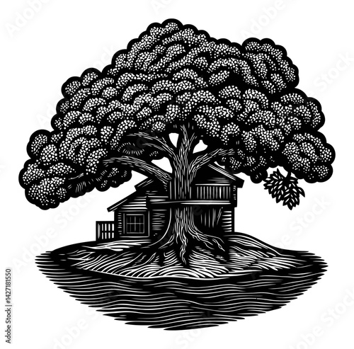 Detailed Engraving of a Tree with a House and Artistic Touches