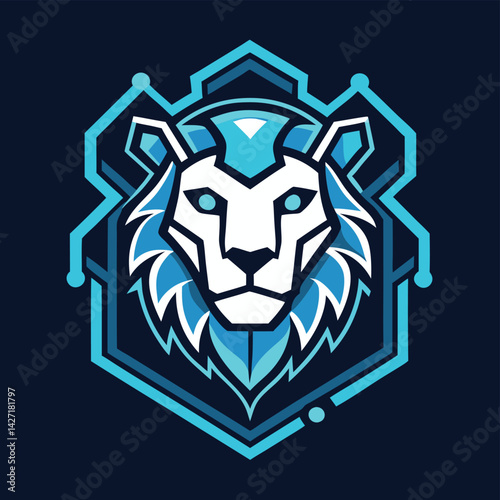 Stylized lion logo design featuring a fierce lion's head with blue accents and bold text representing a cyber theme