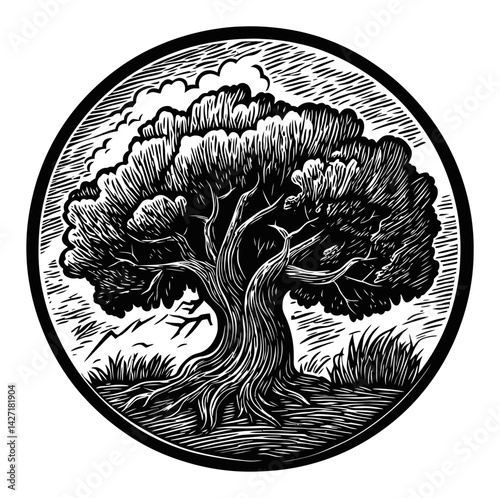 Detailed Engraved Illustration of a Majestic Tree in Circular Frame