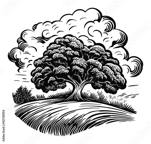 Detailed Engraving of a Majestic Tree Surrounded by Clouds