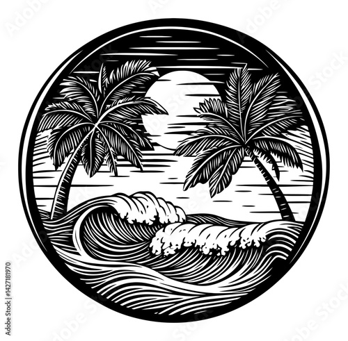 Black and White Engraving of Palm Trees and Ocean Waves Design