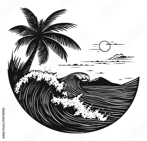 Tropical Wave and Palm Tree Engraving Illustration in Black and White