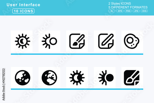Set of 5 solid user interface icons,ear, muffs, earnings, earth, africa, americas, asia