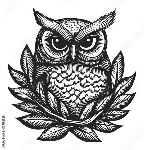 Detailed Black and White Engraving of an Owl with Leaf Design