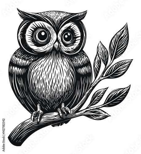Detailed Engraving of a Cute Owl Perched on a Branch with Leaves