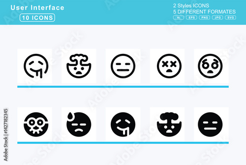 Set of 5 solid user interface icons,face, beam, hand, over, mouth, confounded, confused, cowboy, hat, disappointed
