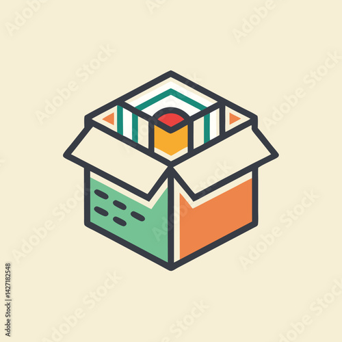 Creative and modern logo design featuring a stylized gift box with a small cube inside, vibrant colors, and an artistic representation of a leaf for eco-friendly appeal