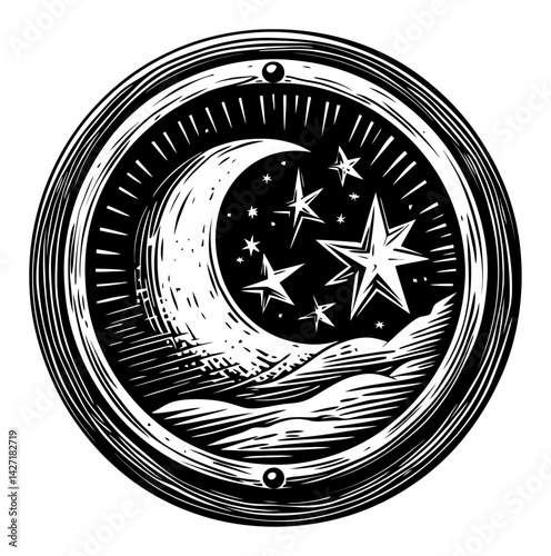 Vintage Moon and Star Engraving in Circular Frame Art Design