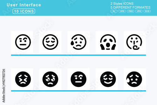Set of 5 solid user interface icons,face, monocle, nauseated, nose, steam, party, pensive