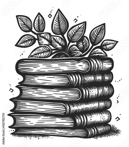 Artistic Engraving of Books with Leaves Emerging from Pages