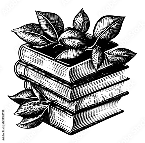 Vintage Engraving of Books Surrounded by Green Leaves Artwork