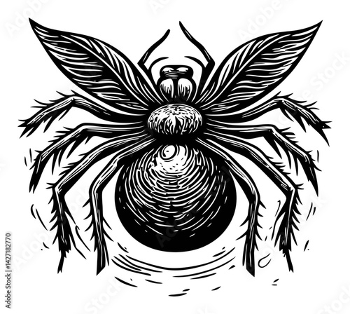 Intricate Engraving of a Spider with Wings and Detailed Features