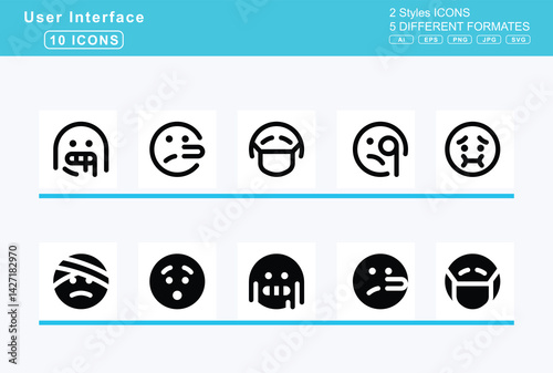 Set of 5 solid user interface icons,face, eyes, xmarks, fearful, glasses, grin, tongue, wink, hand, yawn