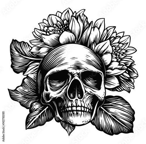 Artistic Skull Illustration with Floral Elements in Black and White
