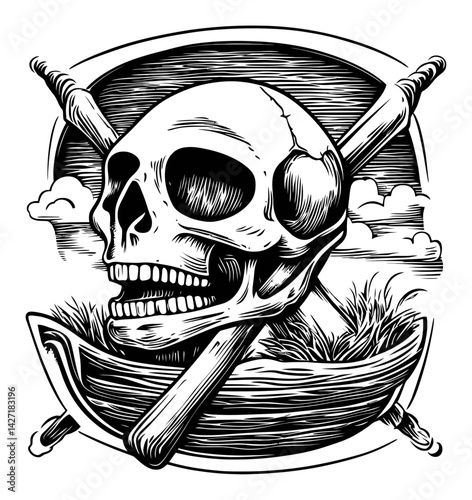 Detailed Skull Engraving with Crossed Swords and Background Elements