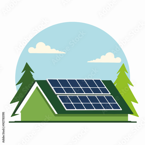 Solar-powered house with solar panels under a blue sky  
