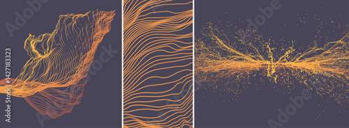 Point explode. Array with dynamic emitted particles. Water splash imitation. Abstract background. Cover design template. 3D illustration for brochure, poster, presentation, flyer or banner.