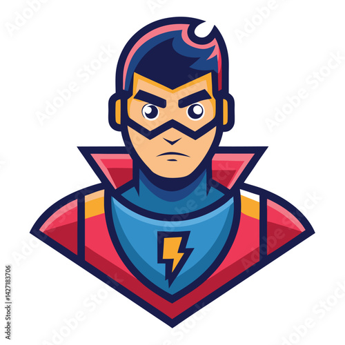 Superhero character logo featuring a confident young male with a blue hairstyle and red cape designed in a vibrant vector style